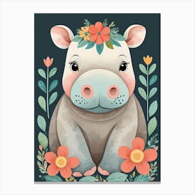 Floral Baby Hippo Nursery Illustration (34) Canvas Print