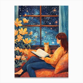 Girl Reading Book with Her Cat 15 Canvas Print