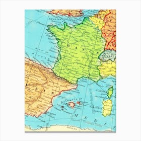Map Of Europe, Spain, France, retro map, vintage map Canvas Print
