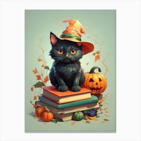 Black Cat Sitting On Books Canvas Print