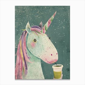 Pastel Storybook Style Unicorn Drinking A Matcha Latte 1 Canvas Print