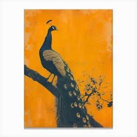 Vintage Orange & Navy Blue Peacock On A Tree Branch 3 Canvas Print