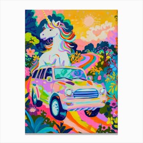 Unicorn In A Car Rainbow Painting Canvas Print