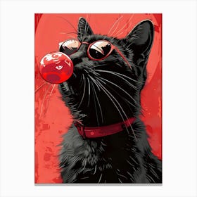Black Cat With Red Bubble Gum Canvas Print