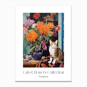 Cats & Flowers Collection Foxglove Flower Vase And A Cat, A Painting In The Style Of Matisse 3 Canvas Print