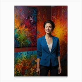 Woman Stands In Front Of Colorful Paintings Canvas Print