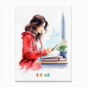 Watercolor Girl Reading a Book Canvas Print