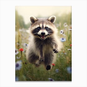 Cute Funny Tres Marias Raccoon Running On A Field 3 Canvas Print