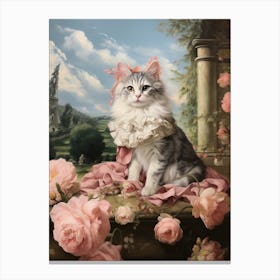 Rococo Style Cat With Pink Peonies 1 Canvas Print