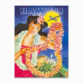 Hawaii, Hula Girl With Flower Wreath, Vintage Travel Poster Canvas Print