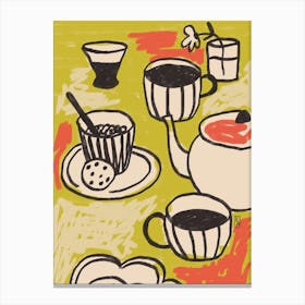 Breakfast poster, Coffee abstract retro print, Fun kitchen decor, Green olive beige Canvas Print