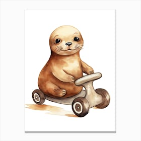 Baby Seal On A Toy Car, Watercolour Nursery 0 Canvas Print