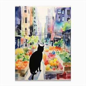 Food Market With Cats In New York 3 Watercolour Canvas Print