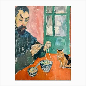 Portrait Of A Man With Cats Eating Ramen  2 Canvas Print