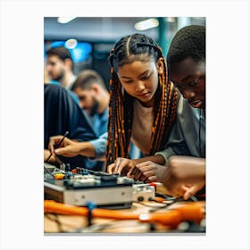 Two Teenagers, An African American Boy And Girl, Working On Electronics At A Table In A Classroom Or Workshop Canvas Print