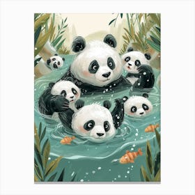Giant Panda Family Swimming In A River Storybook Illustration 1 Canvas Print