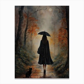 Caught in the Rain - Stopped to Gaze at the Full Moon with Witchy Black Cat in Autumn Woods - Original Watercolor Forest Fairytale Art by Lyra the Lavender Witch - Witches Pagan Gloomy Dark Aesthetic Feature Wall Falling Leaves, Raining Black Umbrella at Dusk Drawing Down the Moon Wiccan Witch HD Canvas Print