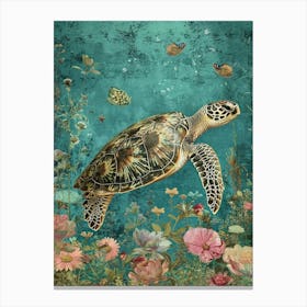 Sea Turtle In The Ocean With Flowers Collage Canvas Print