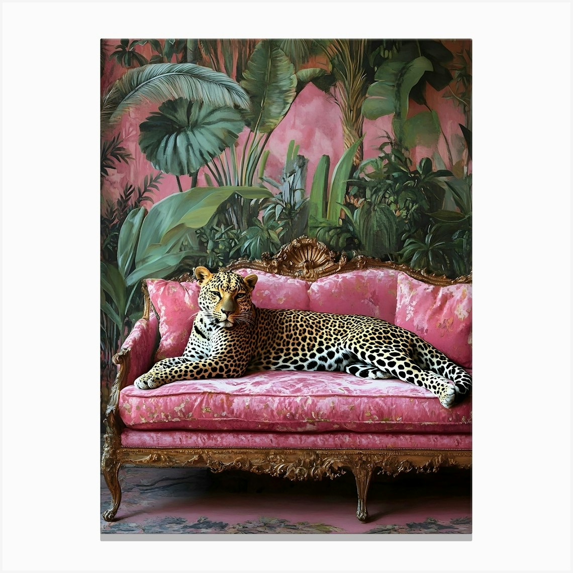 Leopard On A Pink Couch, Cheetah in Pink Sofa, Pink Trendy Art Canvas Print by Vibrant Vintage