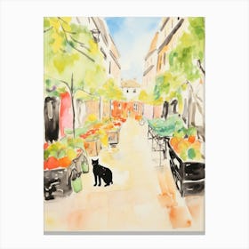 Food Market With Cats In Cambridge 3 Watercolour Canvas Print