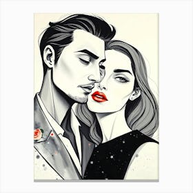 Couple Black and White Drawing Portrait Canvas Print