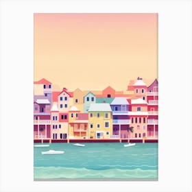 Seaside Oil Paints Marina Townhouses Blue Sea Pastel Muted Pinks Peach Sky Canvas Print