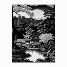 Ginkaku Ji, 1, Japan Linocut Black And White Vintage Canvas Print