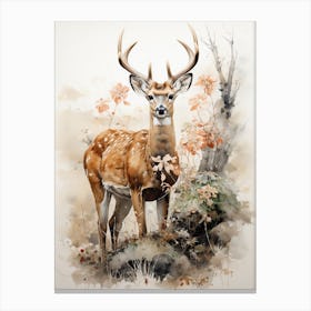 Deer, Japanese Brush Painting, Ukiyo E, Minimal 2 Canvas Print