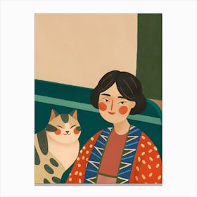 Asian Woman Girl With Cat Canvas Print