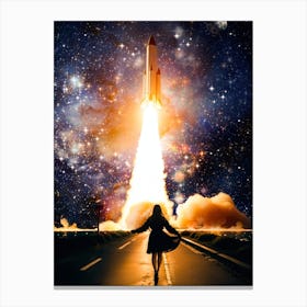 Young Woman Taking Off Rocket Starry Night Canvas Print