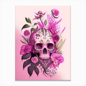 Skull With Intricate Henna Designs 3 Pink Botanical Canvas Print