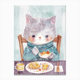 Grey Cat Having Breakfast Folk Illustration 8 Canvas Print