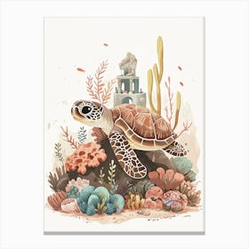 Sea Turtle With A Coral Castle Illustration 2 Canvas Print