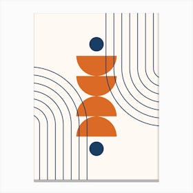 Modern Mid Century Sun, Moon Phases and Rainbow Abstract 37 in Navy Blue and Burnt Orange Canvas Print
