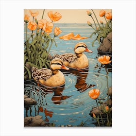 Ducklings In The Flowers Japanese Woodblock Style 2 Canvas Print