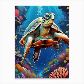 Sea Turtle dives amongst the coral Canvas Print