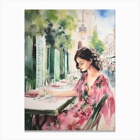 At A Cafe In Faro Portugal Watercolour Canvas Print