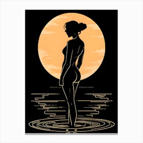 a woman silhouette in sunset tones against a black background. 1 Canvas Print