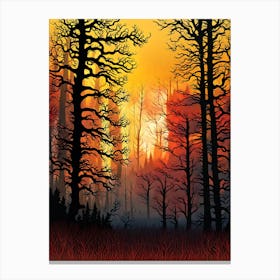 Forest At Sunset,   Forest bathed in the warm glow of the setting sun, forest sunset illustration, forest at sunset, sunset forest vector art, sunset, forest painting,dark forest, landscape painting, nature vector art, Forest Sunset art 2, trees, pines, spruces, and firs, orange and black.  Canvas Print