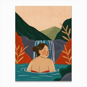 Woman in The Water, Waterfall, Mountains, Illustration Canvas Print