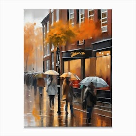 Amsterdam cafes, autumn season, rain, autumn oil colours.Faded colours,People passing on the street, winter clothes, rain umbrellas.7 2 Canvas Print