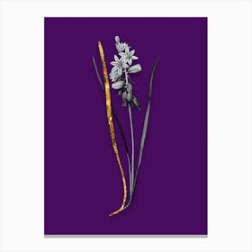 Vintage Drooping StarofBethlehem Black and White Gold Leaf Floral Art on Deep Violet n.0692 Canvas Print