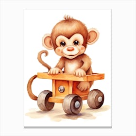 Baby Monkey On A Toy Car, Watercolour Nursery 1 Canvas Print