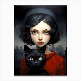 The Girl With The Black Cat Canvas Print