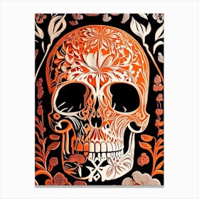 Skull With Floral Patterns 1 Orange Linocut Canvas Print