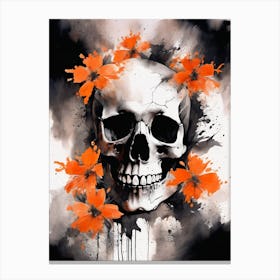 Abstract Skull Orange Flowers Painting (18) Canvas Print