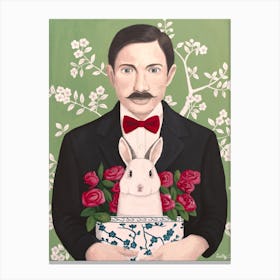 Man With Rabbit And Roses In Chinoiserie Canvas Print