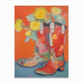 Painting Of Daffodil Flowers And Cowboy Boots, Oil Style 4 Canvas Print