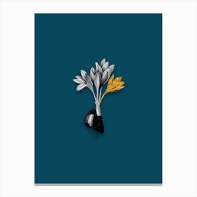 Vintage Autumn Crocus Black and White Gold Leaf Floral Art on Teal Blue n.0989 Canvas Print