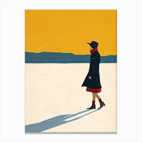 Woman Walking In The Snow, Minimalism Canvas Print